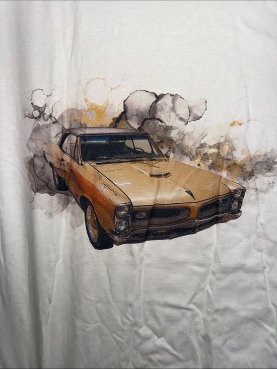 Hanes Beefy Other - Vintage Muscle Car Graphic Tee - Yellow Car on White